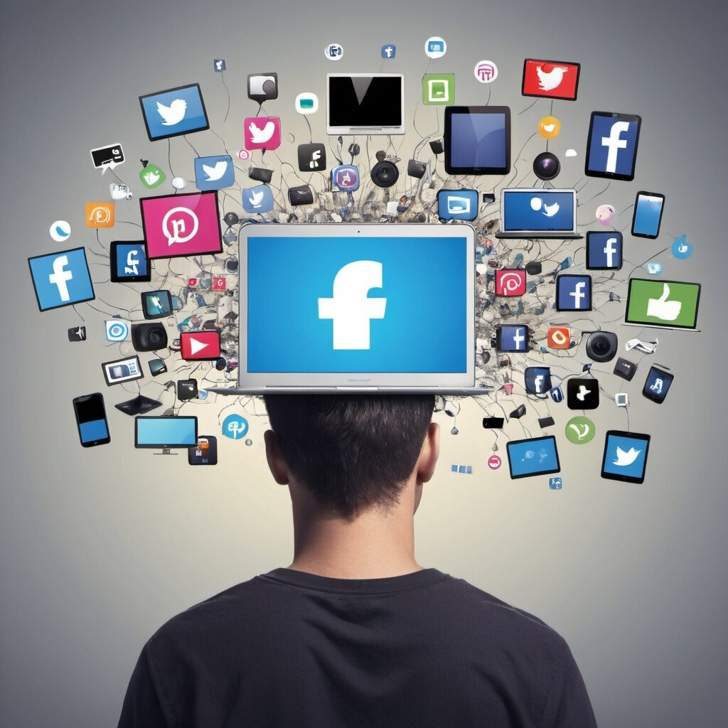 An image of the back of a teen's head with images of screens and social media icons meant to represent how screen time impacts the brain.