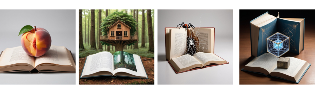 Four images of different books. Each book has an image showing from an open book. One shows a peach, one a treehouse, one a spider and web, and one tesseract