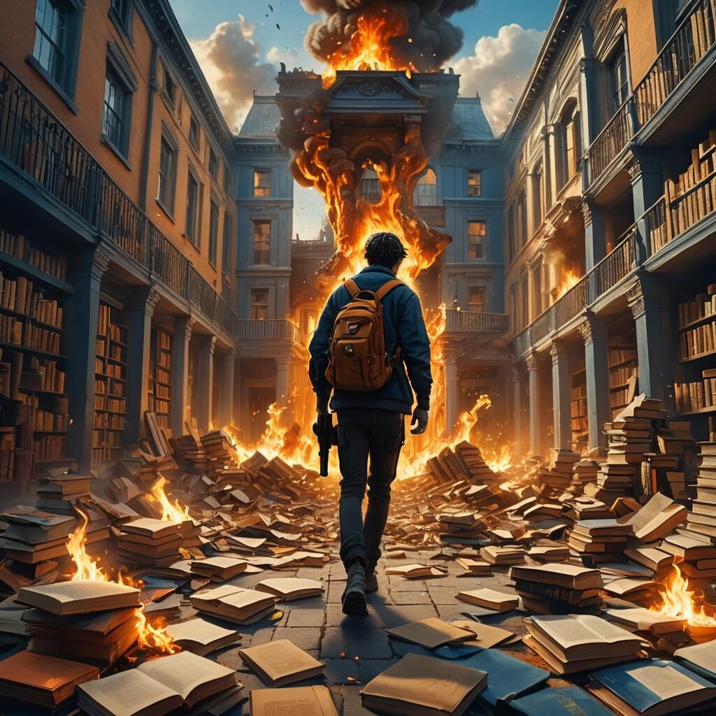 An image of books on fire with a school in the background and a student walking in with a gun