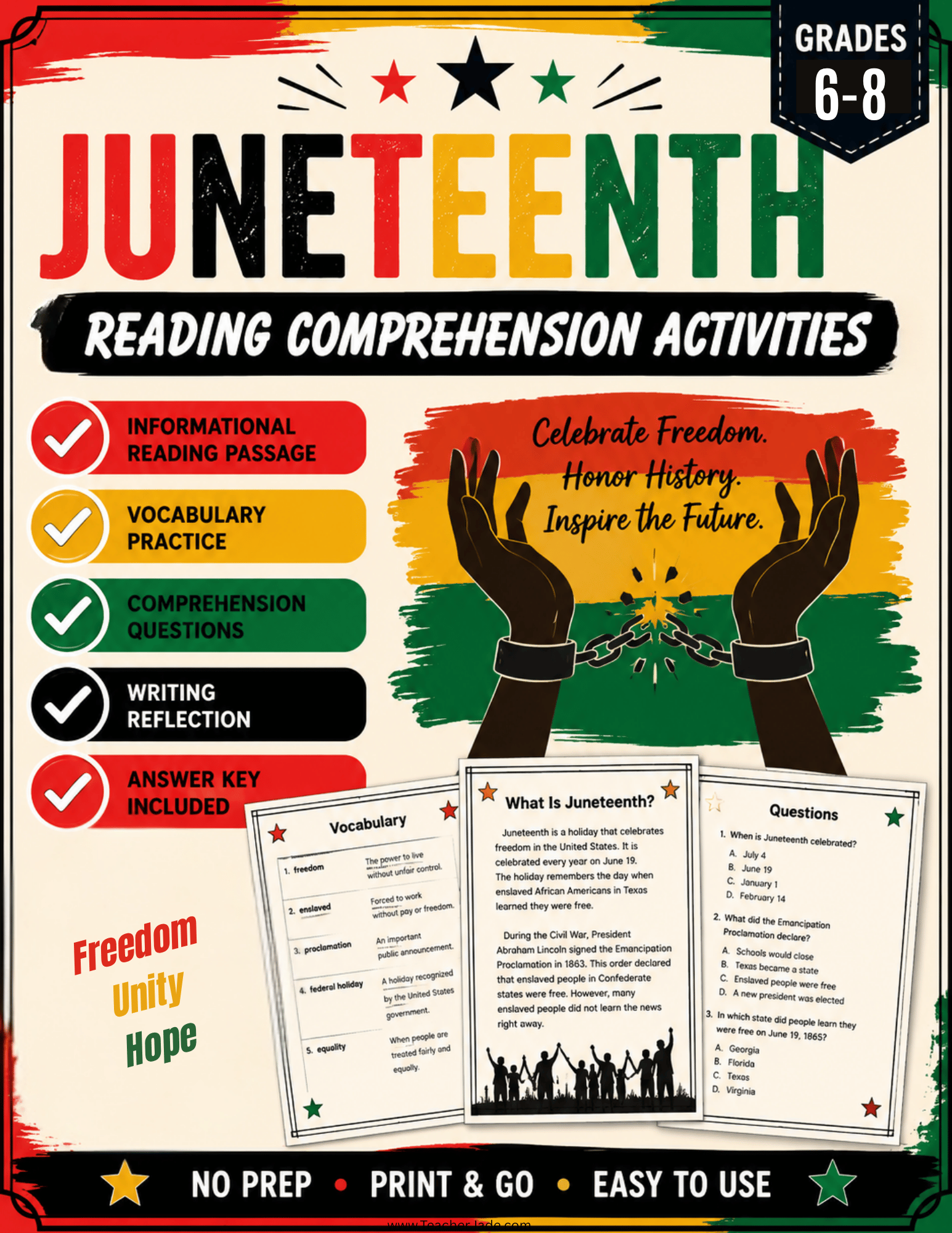 Juneteenth Middle School Activities | Reading Comprehension, Writing & Project | Grades 6–8