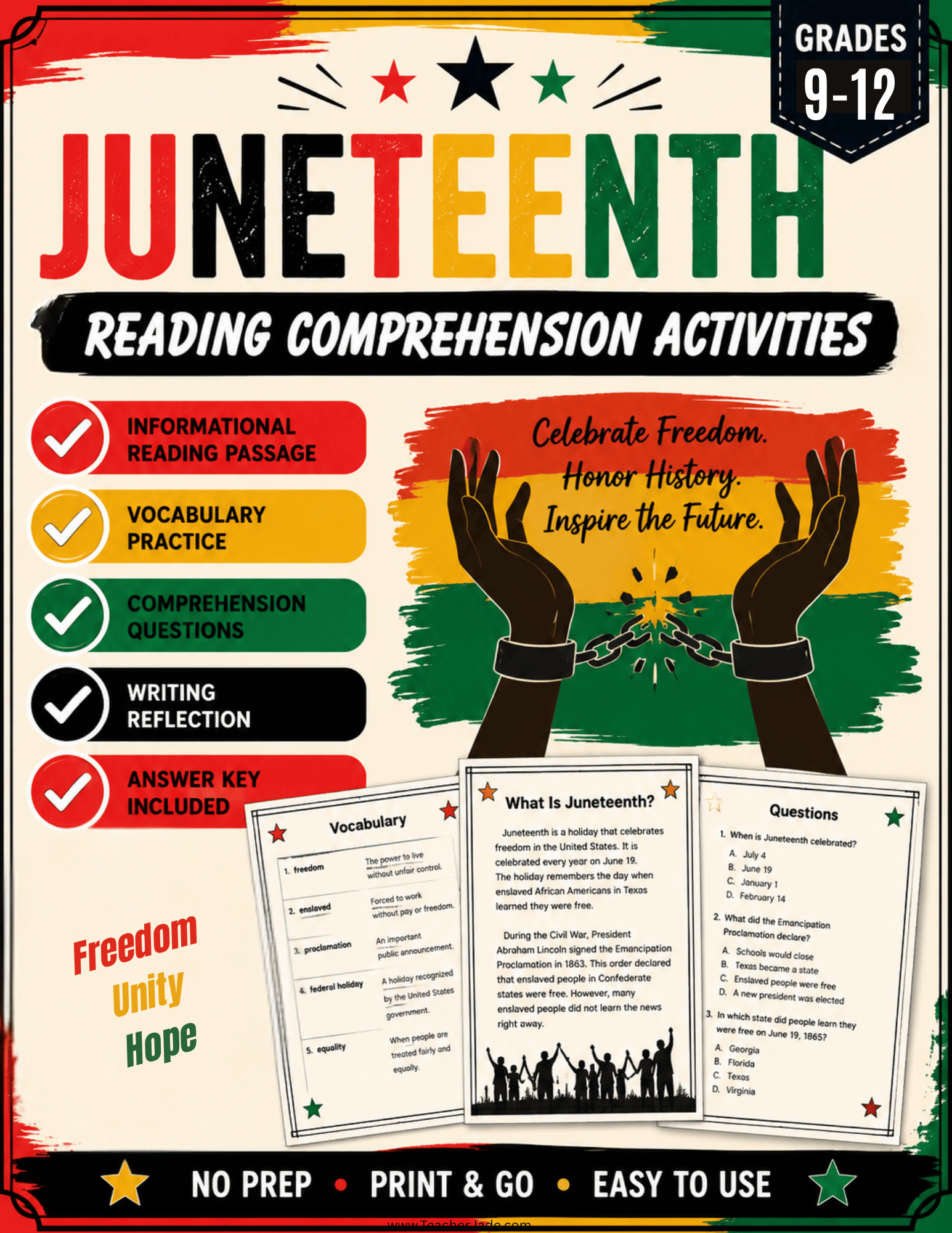 Juneteenth High School Activities | Reading Comprehension, Writing & Research Project | Grades 9–12
