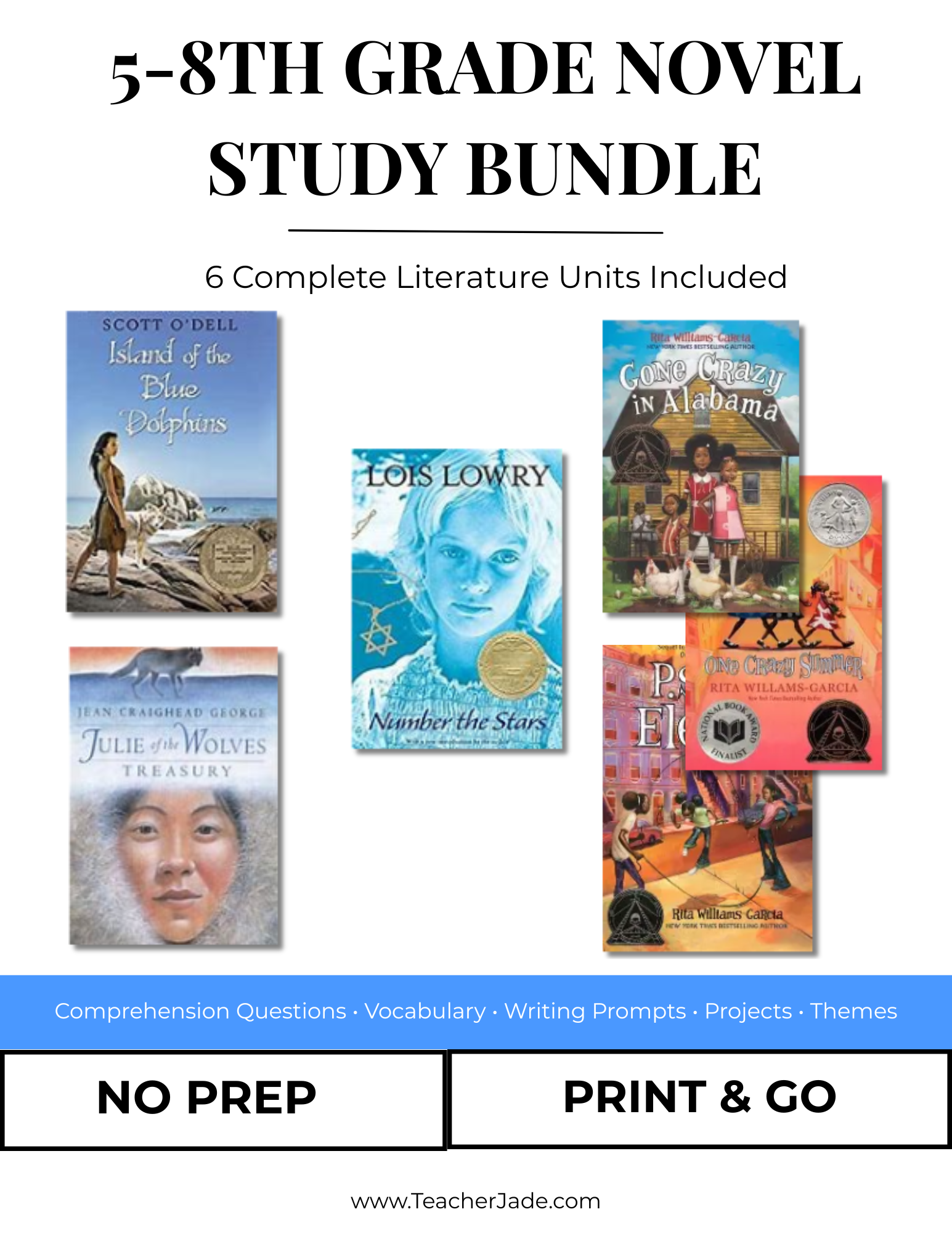 Classic Middle Grade Novel Study Bundle | Julie of the Wolves, Number the Stars, Island of the Blue Dolphins & One Crazy Summer Trilogy